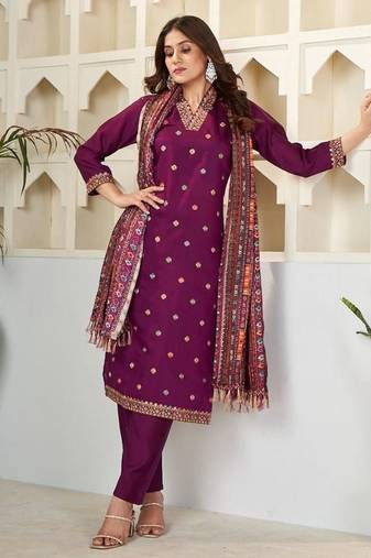 Wine embroidered viscose chanderi kurta set with dupatta