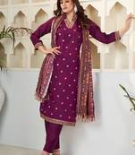 Wine embroidered viscose chanderi kurta set with dupatta