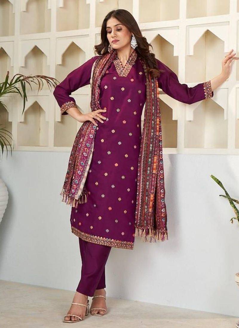 Wine embroidered viscose chanderi kurta set with dupatta