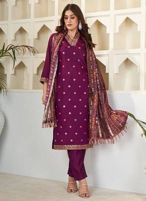 Wine embroidered viscose chanderi kurta set with dupatta 2