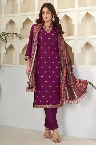 Wine embroidered viscose chanderi kurta set with dupatta