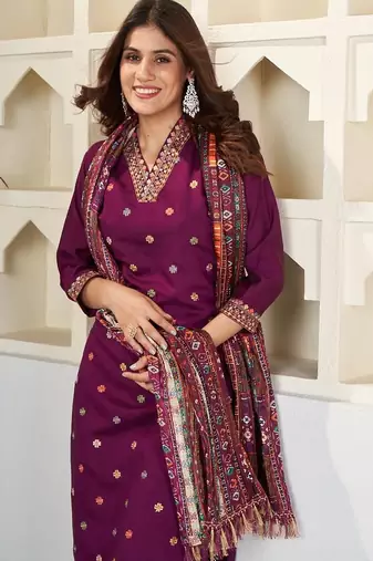 Wine embroidered viscose chanderi kurta set with dupatta