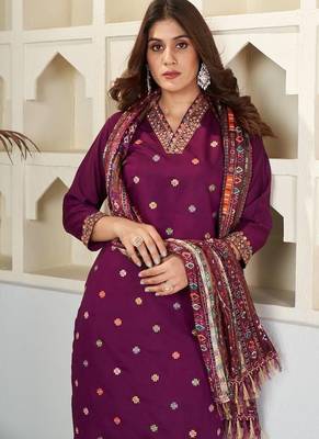 Wine embroidered viscose chanderi kurta set with dupatta 4