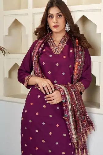 Wine embroidered viscose chanderi kurta set with dupatta