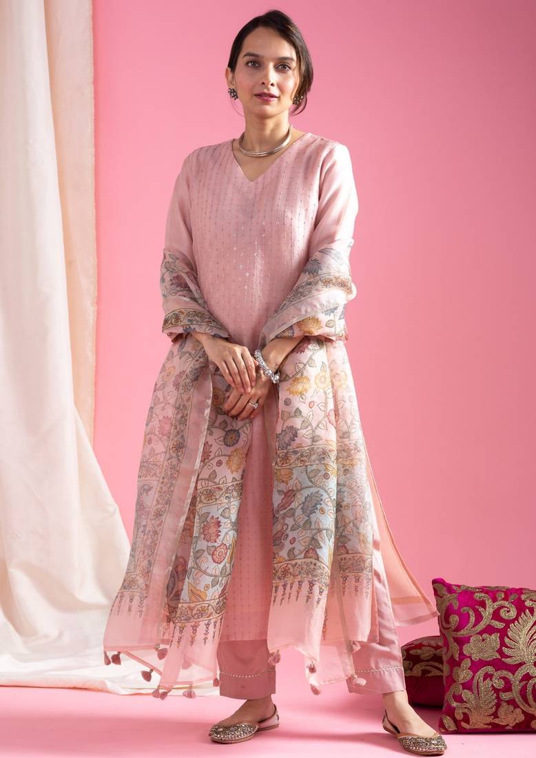 Baby pink sequins embroidered viscose chanderi kurta set with dupatta