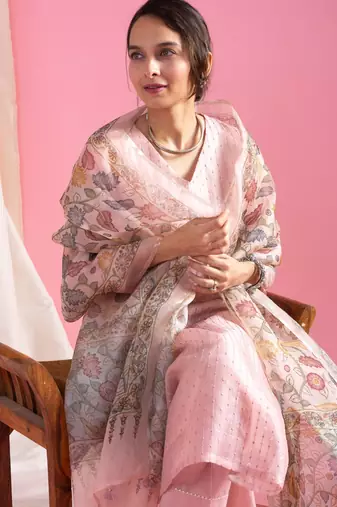 Baby pink sequins embroidered viscose chanderi kurta set with dupatta