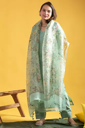 Sea green mirror embroidered viscose chanderi kurta set with dupatta