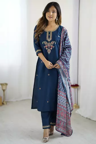 Navy blue embroidered chanderi silk kurta set with dupatta