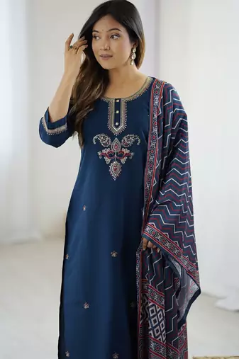 Navy blue embroidered chanderi silk kurta set with dupatta