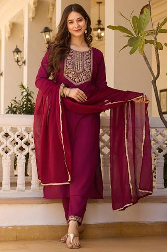Maroon embroidered rayon kurta set with dupatta