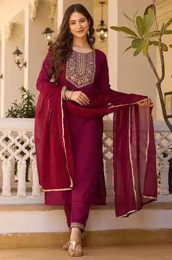 Maroon embroidered rayon kurta set with dupatta