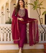 Maroon embroidered rayon kurta set with dupatta