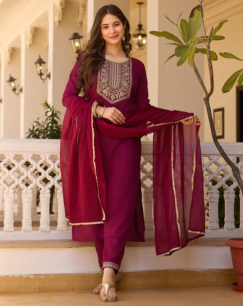 Maroon embroidered rayon kurta set with dupatta