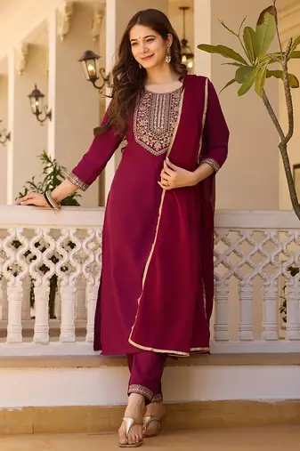 Maroon embroidered rayon kurta set with dupatta
