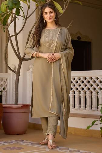 Beige embroidered rayon kurta set with dupatta