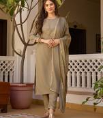 Beige embroidered rayon kurta set with dupatta