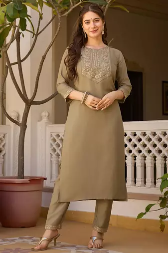 Beige embroidered rayon kurta set with dupatta