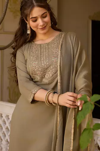 Beige embroidered rayon kurta set with dupatta