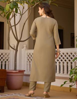 Beige embroidered rayon kurta set with dupatta 4
