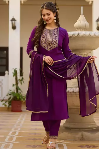 Wine embroidered rayon kurta set with dupatta