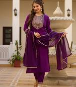 Wine embroidered rayon kurta set with dupatta