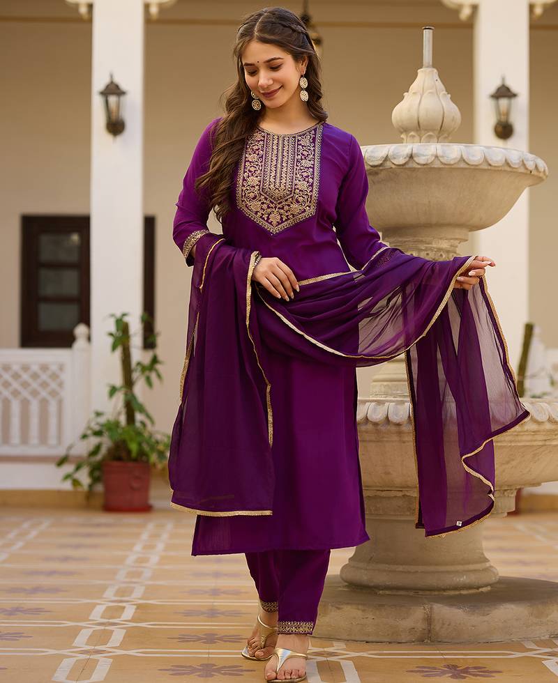 Wine embroidered rayon kurta set with dupatta