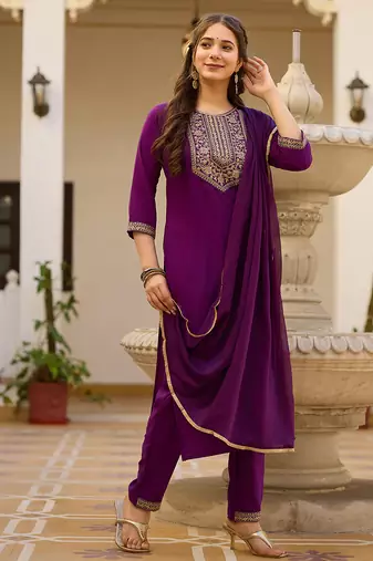 Wine embroidered rayon kurta set with dupatta