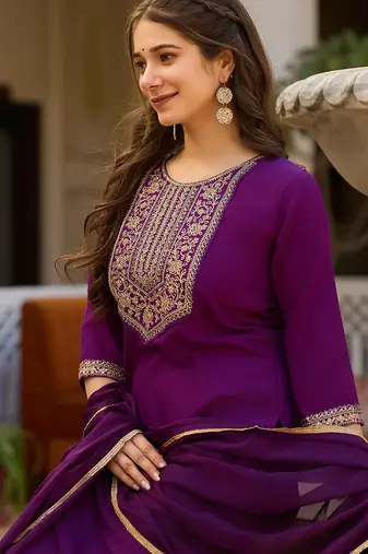 Wine embroidered rayon kurta set with dupatta