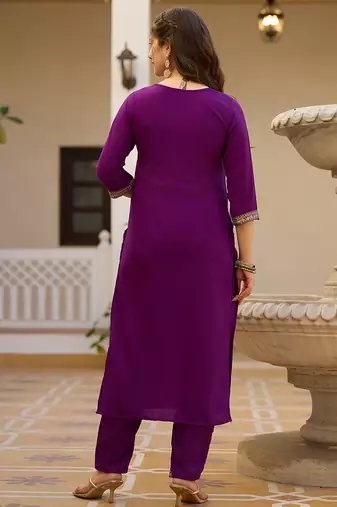 Wine embroidered rayon kurta set with dupatta