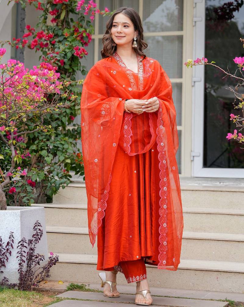 Orange embroidered viscose chanderi kurta set with dupatta