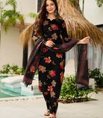 Black floral printed silk blend kurta set with dupatta