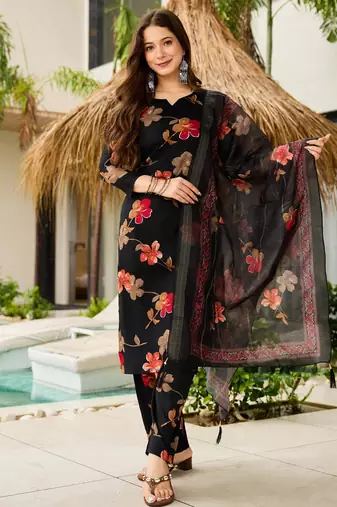 Black floral printed silk blend kurta set with dupatta