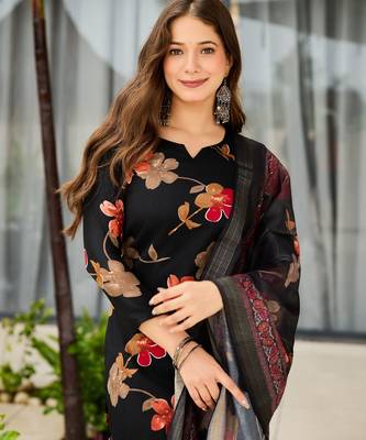 Black floral printed silk blend kurta set with dupatta 3
