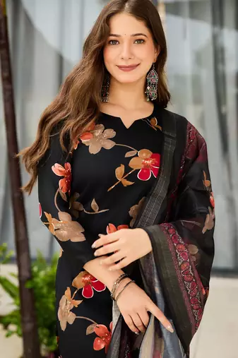 Black floral printed silk blend kurta set with dupatta