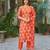 Orange floral printed cotton blend kurta set with dupatta