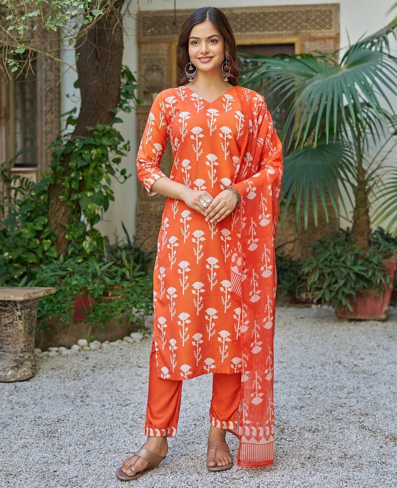 Orange floral printed cotton blend kurta set with dupatta