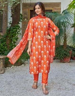Orange floral printed cotton blend kurta set with dupatta 2