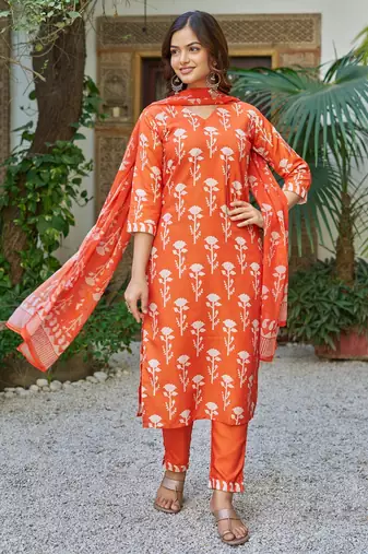 Orange floral printed cotton blend kurta set with dupatta