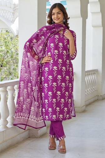 Purple floral printed cotton blend kurta set with dupatta