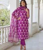 Purple floral printed cotton blend kurta set with dupatta
