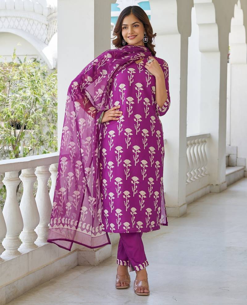 Purple floral printed cotton blend kurta set with dupatta