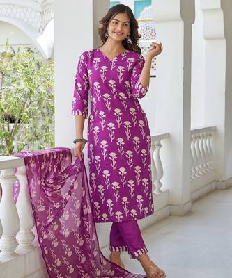 Purple floral printed cotton blend kurta set with dupatta 2