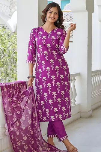 Purple floral printed cotton blend kurta set with dupatta