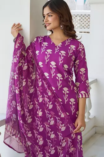 Purple floral printed cotton blend kurta set with dupatta