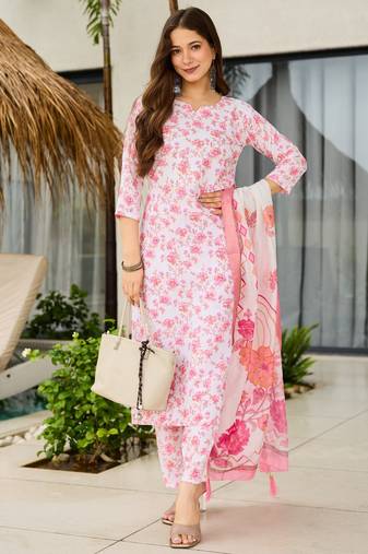 Pink floral printed silk blend kurta set with dupatta