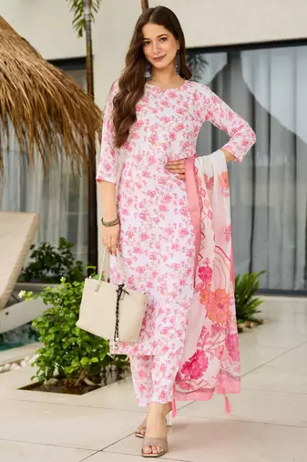 Pink floral printed silk blend kurta set with dupatta