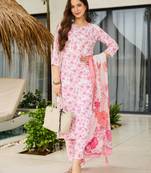 Pink floral printed silk blend kurta set with dupatta