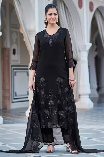 Black embroidered faux blooming georgette kurta set with dupatta