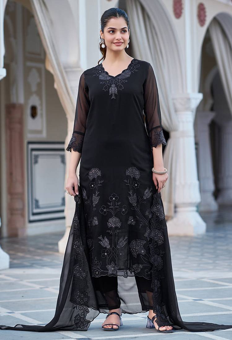 Black embroidered faux blooming georgette kurta set with dupatta