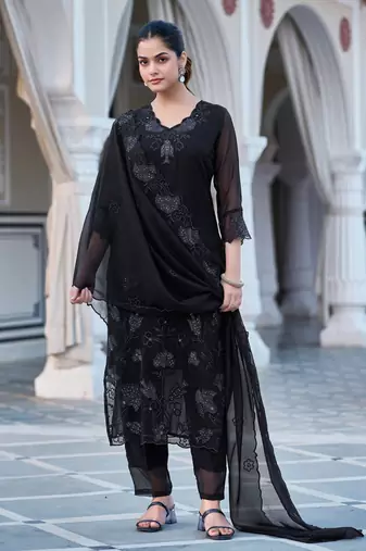 Black embroidered faux blooming georgette kurta set with dupatta
